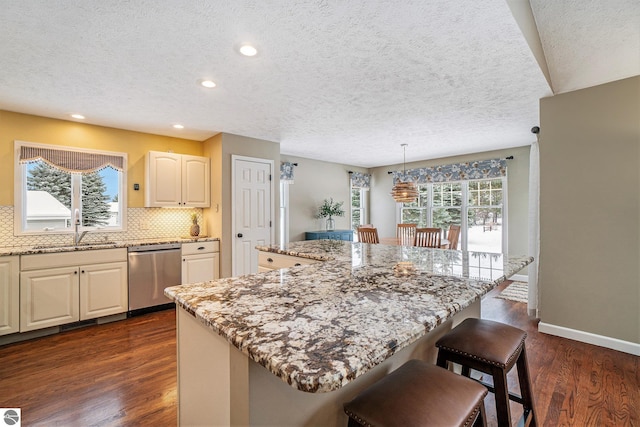 kitchen featuring a sink, tasteful backsplash, stainless steel dishwasher, and dark wood-style floors