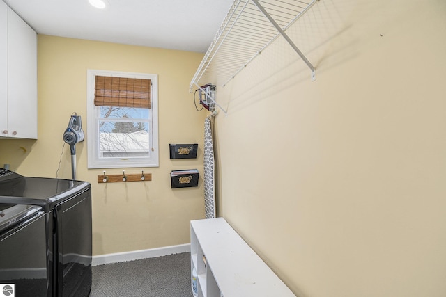 laundry room with baseboards, carpet floors, recessed lighting, cabinet space, and washer and dryer