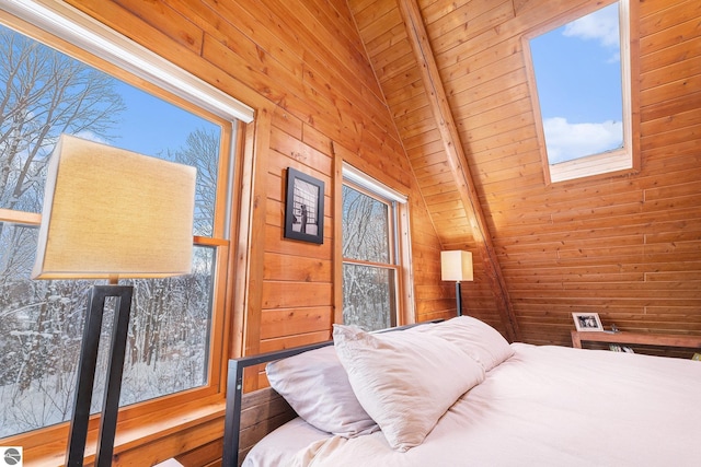 bedroom featuring vaulted ceiling with beams, wooden ceiling, and wooden walls