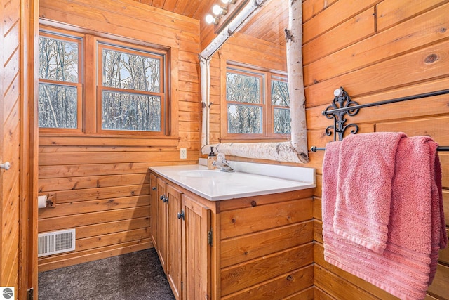 bathroom featuring vanity, a healthy amount of sunlight, and wooden walls