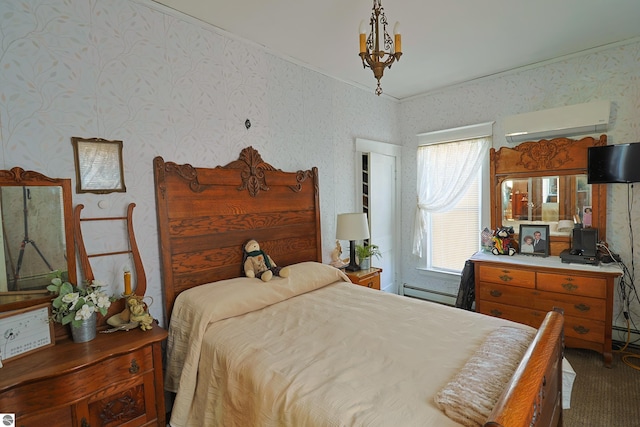 carpeted bedroom with baseboard heating and a wall mounted AC