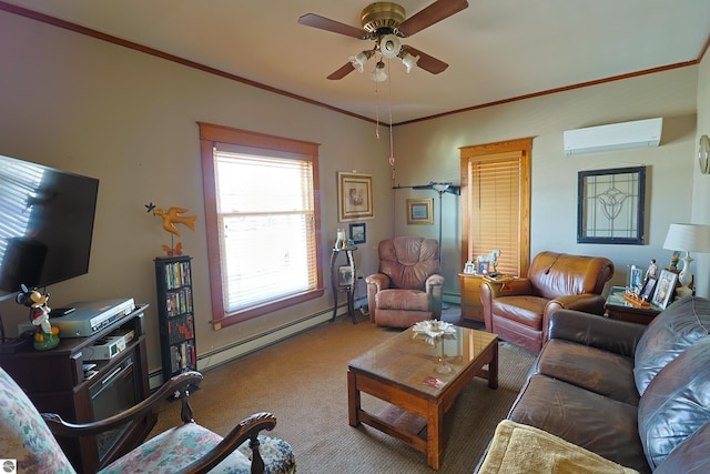 living room with carpet floors, a wall mounted AC, ceiling fan, baseboard heating, and crown molding