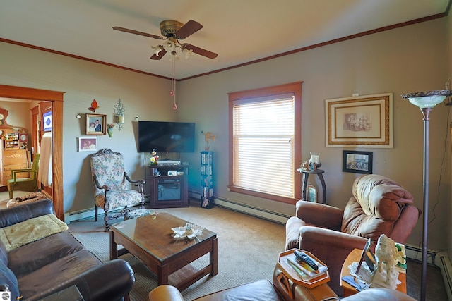 living room with a baseboard heating unit, carpet floors, ornamental molding, and ceiling fan