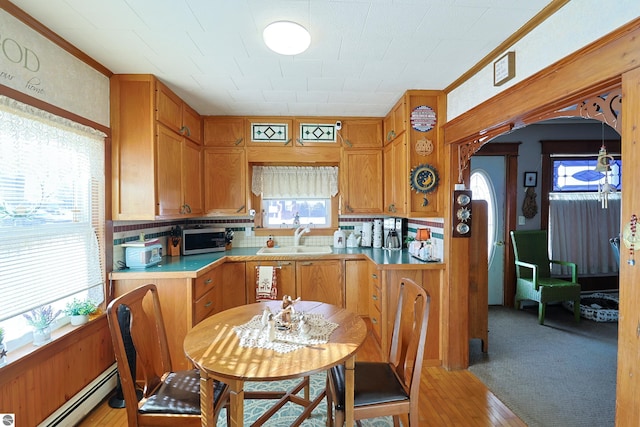 kitchen with sink, light hardwood / wood-style flooring, and baseboard heating