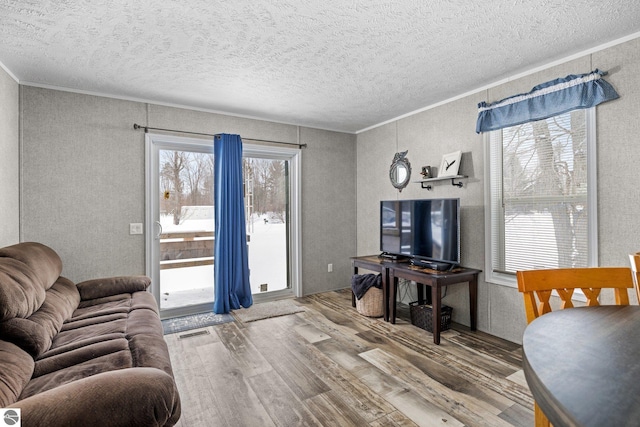 living room with crown molding, wood-type flooring, a textured ceiling, and a wealth of natural light