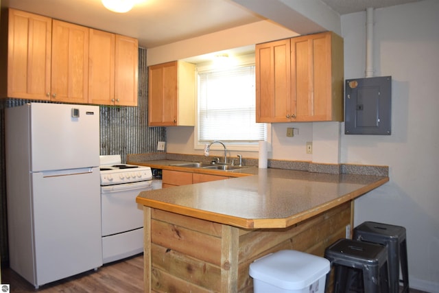 kitchen with dark hardwood / wood-style floors, sink, electric panel, kitchen peninsula, and white appliances