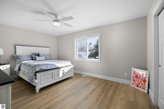 bedroom with ceiling fan and light wood-type flooring