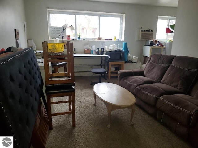 carpeted living room with a wall mounted AC