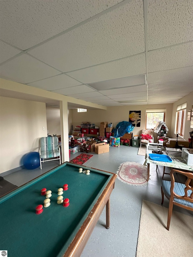 recreation room featuring billiards and a drop ceiling