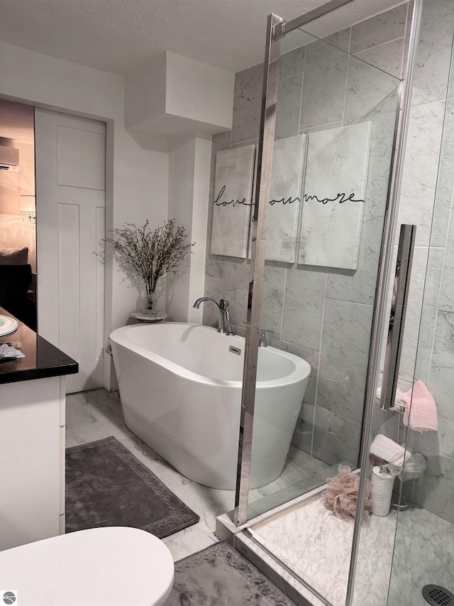 bathroom with vanity, separate shower and tub, a wall mounted air conditioner, and a textured ceiling