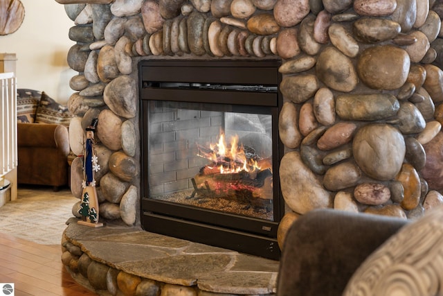 details with wood-type flooring and a fireplace