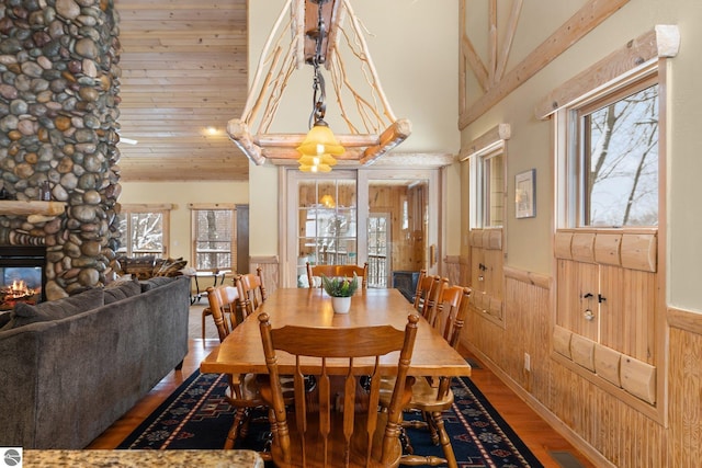 dining area featuring wooden walls, wood-type flooring, a fireplace, and a wealth of natural light