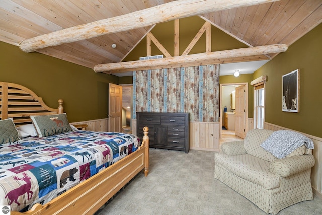 carpeted bedroom featuring wooden walls, lofted ceiling with beams, and wooden ceiling