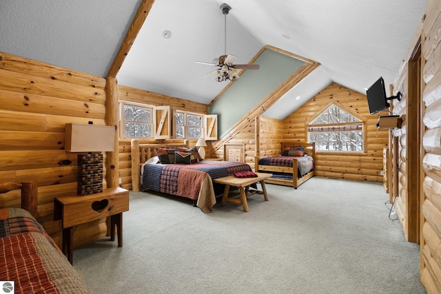 carpeted bedroom with log walls, high vaulted ceiling, ceiling fan, and a textured ceiling