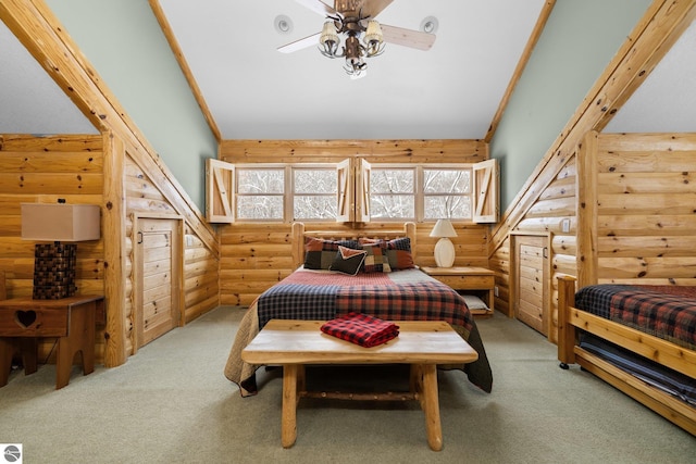 bedroom with crown molding, carpet floors, rustic walls, and vaulted ceiling