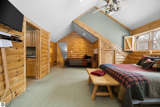 carpeted bedroom featuring vaulted ceiling and log walls