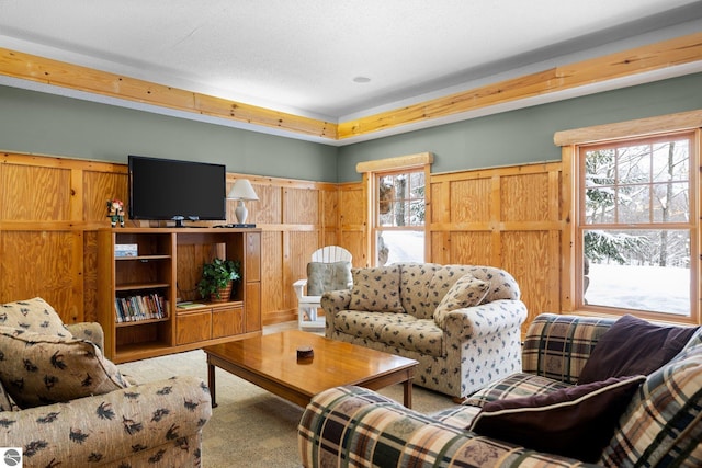 living room with plenty of natural light and light carpet