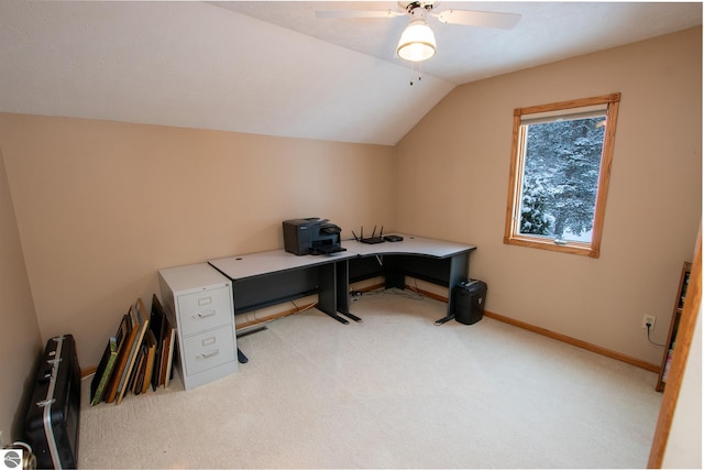 carpeted office featuring ceiling fan and lofted ceiling