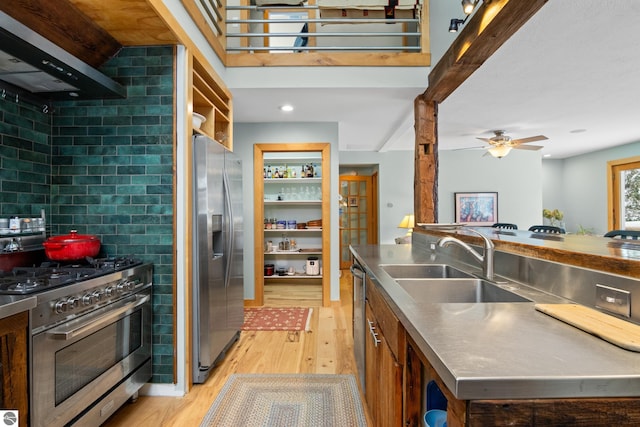 kitchen featuring sink, stainless steel counters, exhaust hood, stainless steel appliances, and light hardwood / wood-style flooring