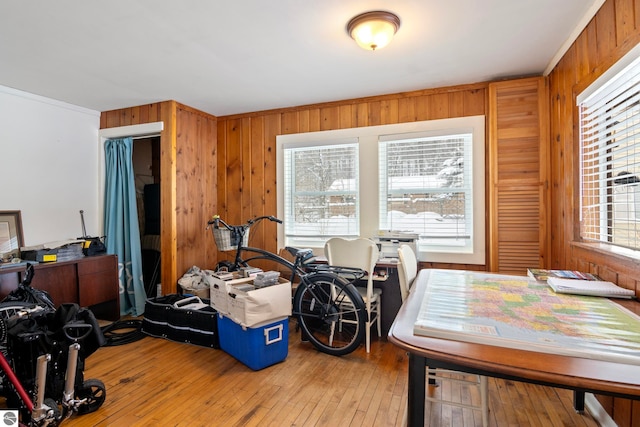 interior space with light hardwood / wood-style flooring and wooden walls