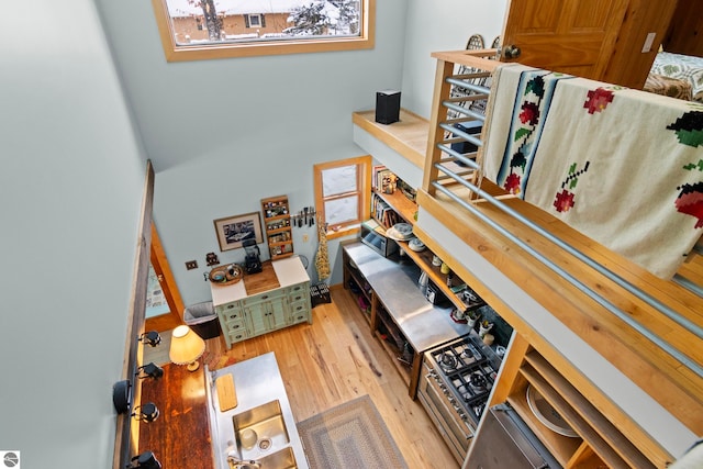 stairway featuring a towering ceiling and hardwood / wood-style floors