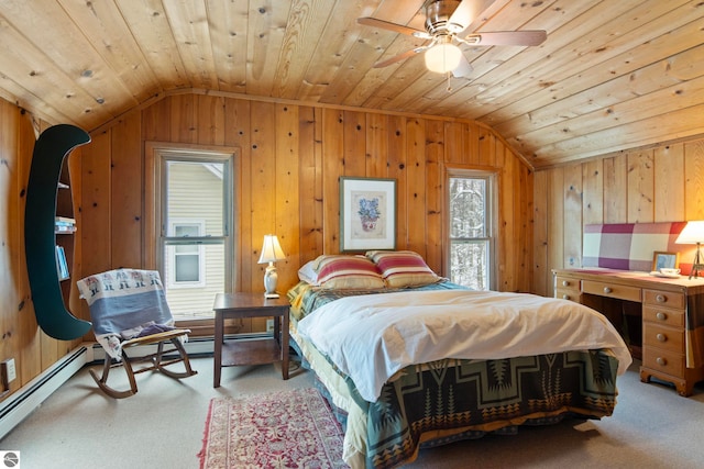 bedroom with vaulted ceiling, light carpet, wood ceiling, and baseboard heating