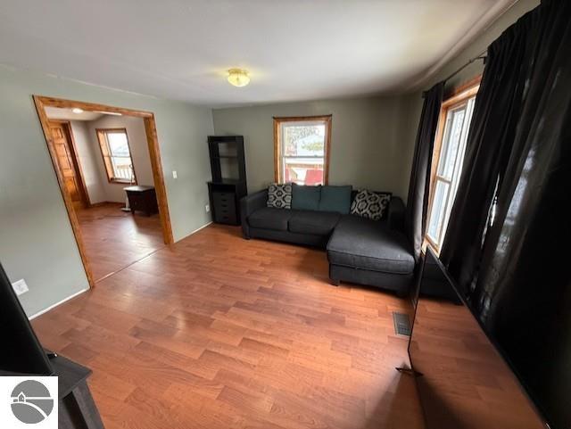 living room with a wealth of natural light and light hardwood / wood-style floors