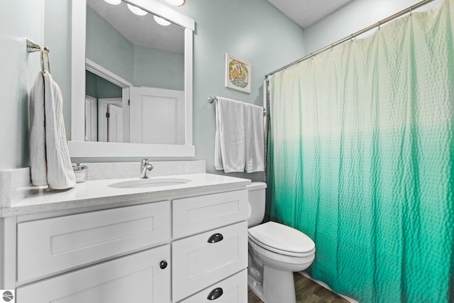 bathroom featuring vanity, wood-type flooring, and toilet