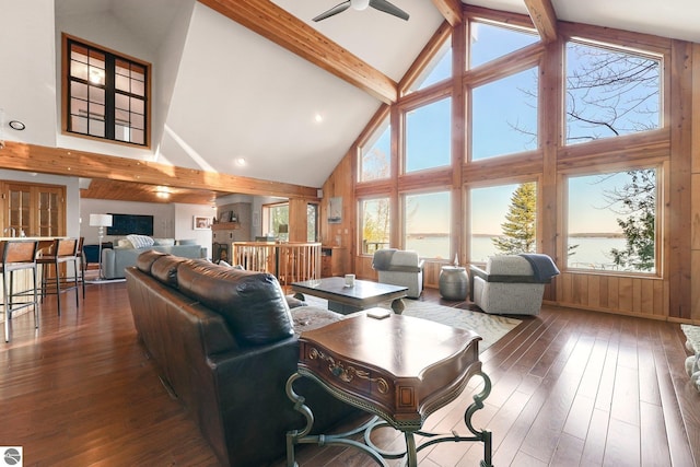 living room featuring plenty of natural light, dark hardwood / wood-style floors, high vaulted ceiling, and beam ceiling