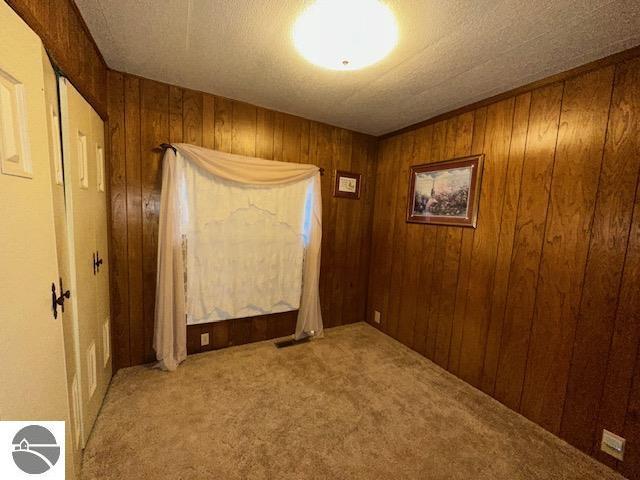 corridor featuring carpet and wood walls