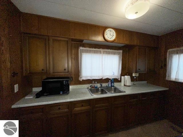 kitchen featuring sink and wooden walls