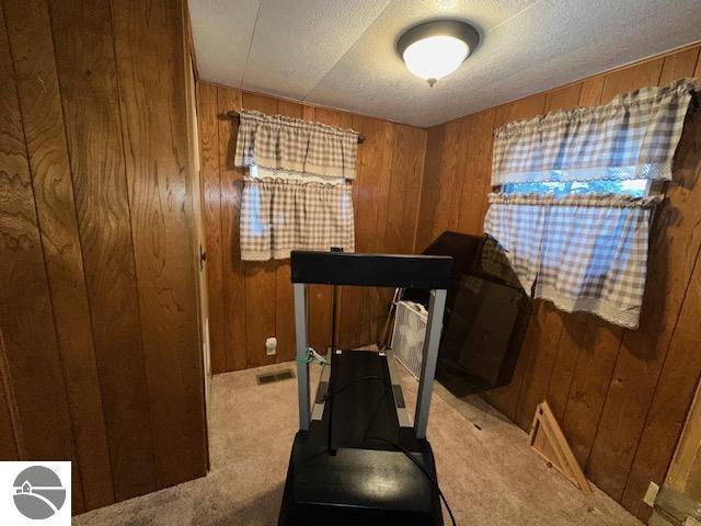 exercise area featuring wooden walls, light carpet, and a textured ceiling