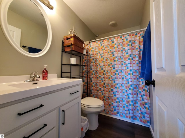 bathroom with vanity, toilet, curtained shower, and hardwood / wood-style floors