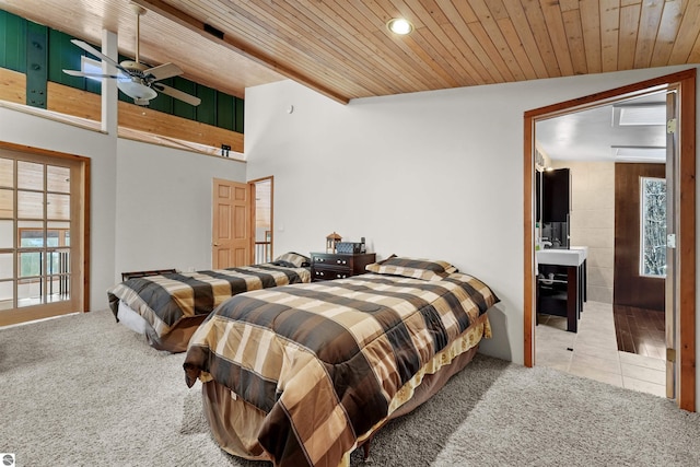 carpeted bedroom featuring wooden ceiling