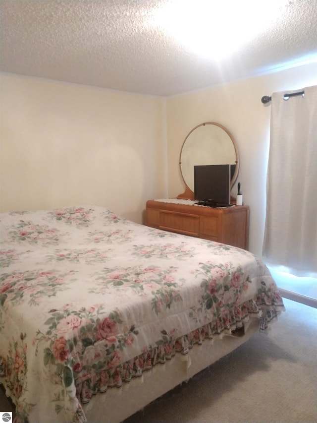 bedroom featuring carpet flooring and a textured ceiling