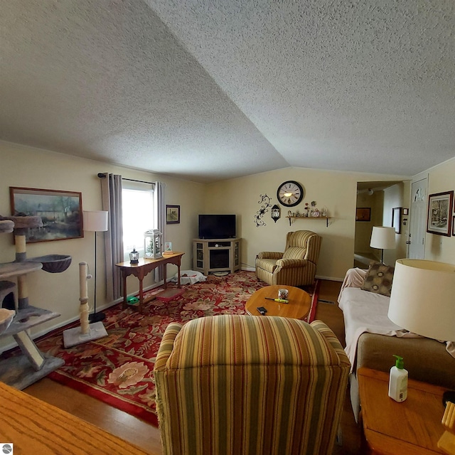 living room with lofted ceiling and a textured ceiling