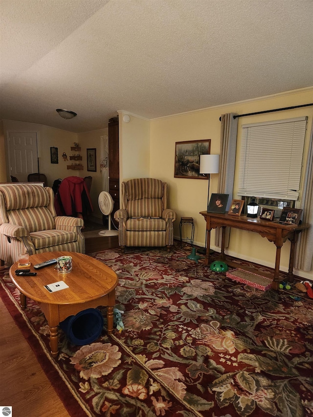 living room featuring hardwood / wood-style flooring and a textured ceiling