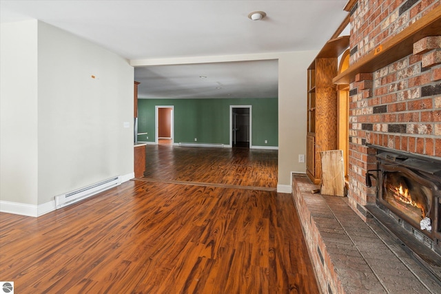 unfurnished living room with dark hardwood / wood-style flooring and baseboard heating