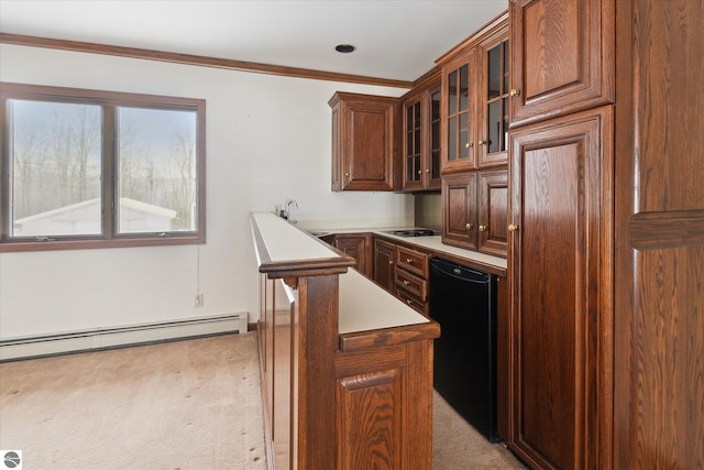 kitchen with crown molding, light colored carpet, a baseboard radiator, and sink