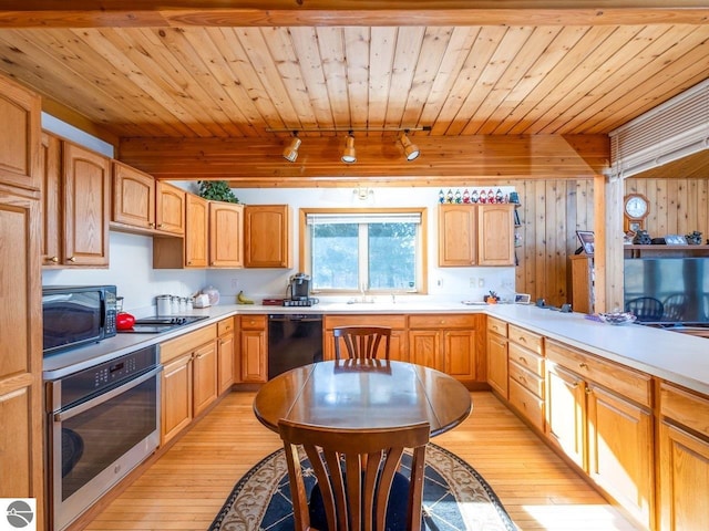 kitchen with black appliances, wooden ceiling, and light wood-type flooring