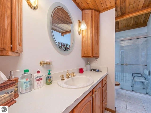 bathroom with wood ceiling, tile patterned flooring, vanity, toilet, and beamed ceiling