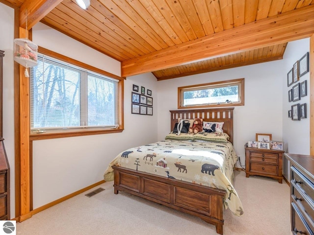 carpeted bedroom featuring vaulted ceiling with beams and wood ceiling