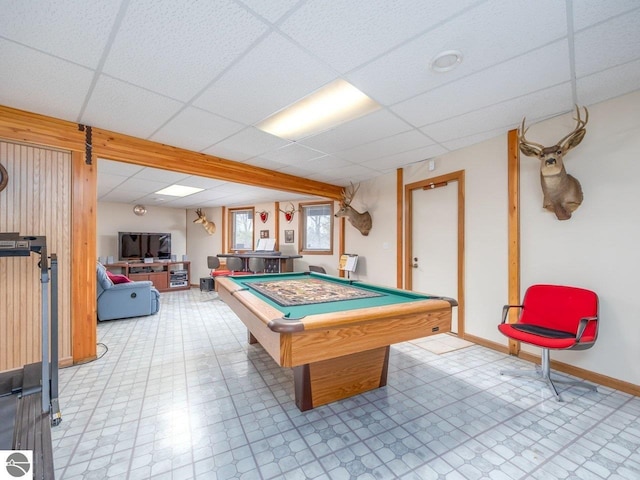 rec room featuring a paneled ceiling and billiards