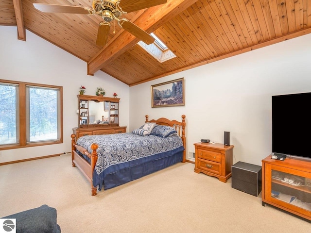 carpeted bedroom with ceiling fan, vaulted ceiling with skylight, and wood ceiling