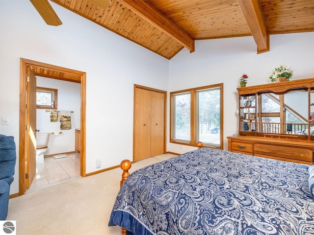 bedroom with multiple windows, wood ceiling, beam ceiling, and light colored carpet