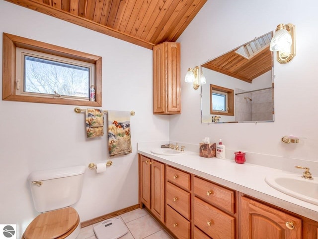 bathroom with tile patterned flooring, wood ceiling, lofted ceiling, and toilet