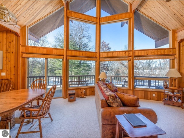 living room with wood ceiling, a healthy amount of sunlight, carpet floors, and wood walls