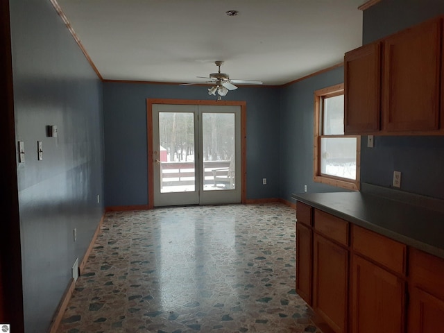 kitchen featuring crown molding, a wealth of natural light, and ceiling fan