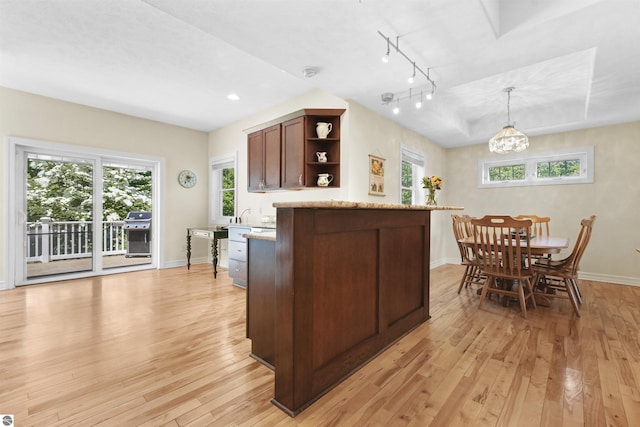 kitchen with hanging light fixtures, a center island, a healthy amount of sunlight, and light wood-type flooring