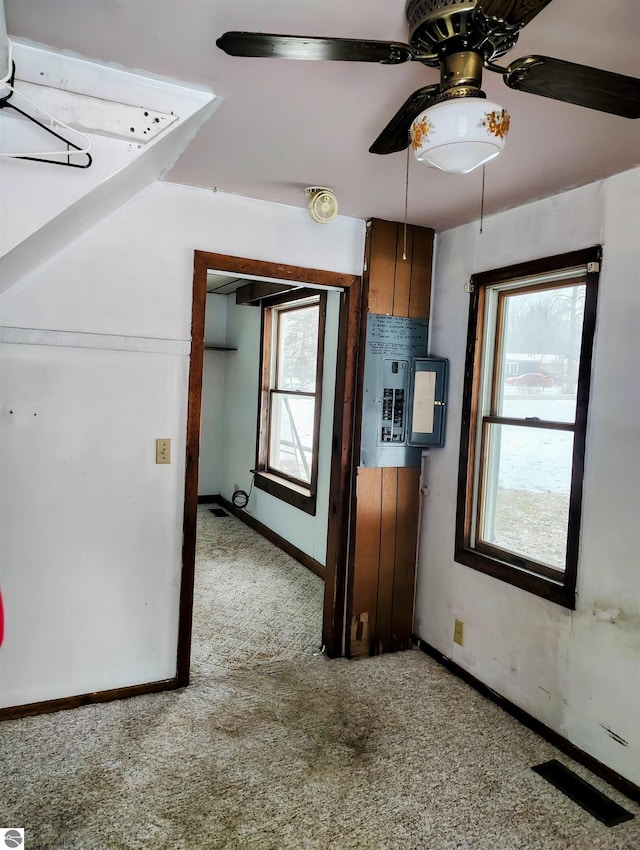 kitchen featuring a wealth of natural light, light carpet, and electric panel